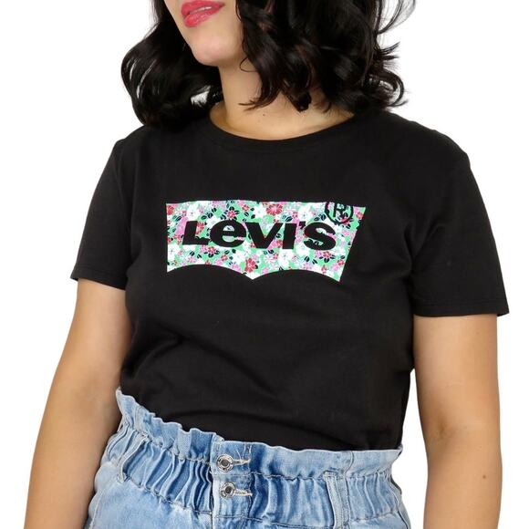 Levi's Women's Black Floral Logo Graphic Tee Graphic Crewneck T-Shirt Medium - Picture 5 of 5